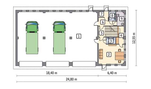 Готовый проект гаражного бокса для 3х авто + офис + склад на мансарде GMC30e