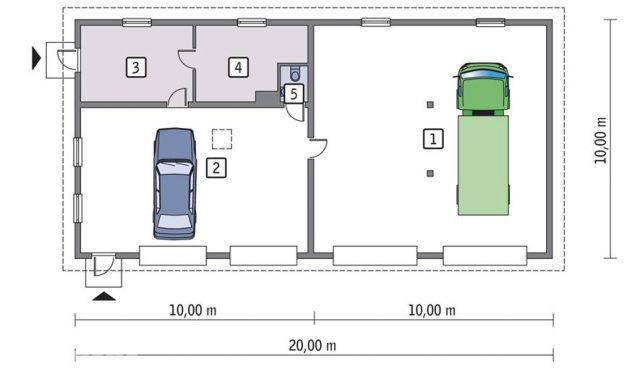 Готовый проект гаражного бокса на 2 фургона + 2 авто с бытовкой GMC52